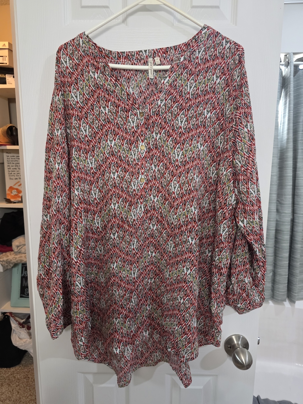 grand & greene Red Printed Long-Sleeve V-Neck Blouse